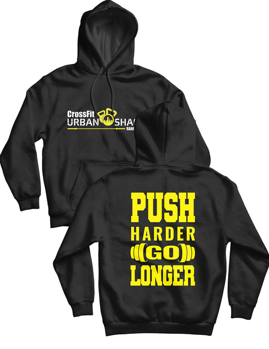 Unisex Hoodie Black 240g - Push Harder Go Longer - Urban Shack - AMRAP INDUSTRIES