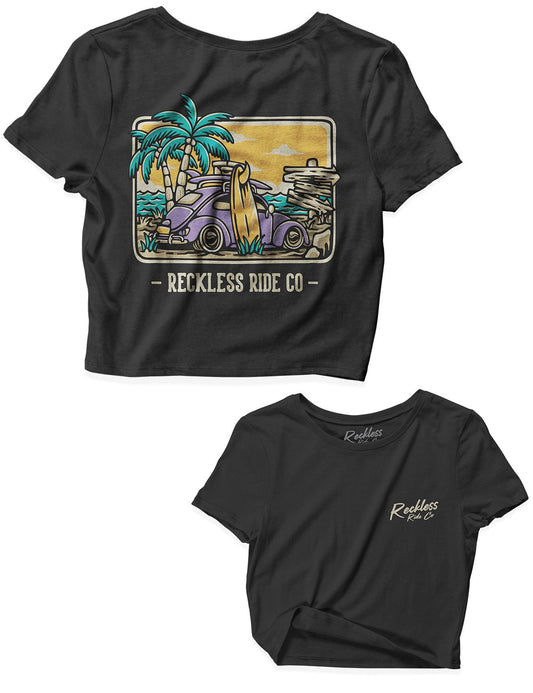 Ladies Black Crop Tops - Surf Trip - Reckless Ride Co - AMRAP INDUSTRIES