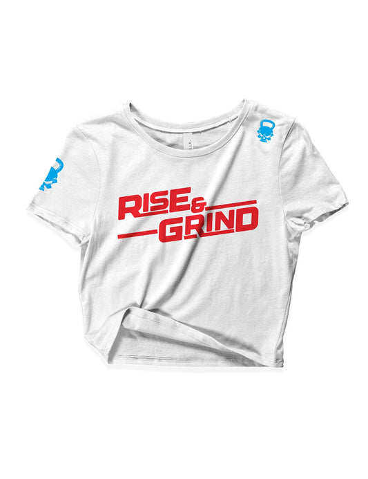 Ladies White Crop Tops - Rise and Grind - RAG - AMRAP INDUSTRIES